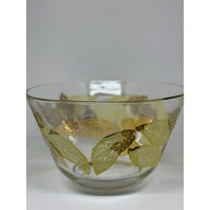 VTG Anchor Hocking Retro Gold Painted Fruit and Leaves MCM Glass Snack Bowl